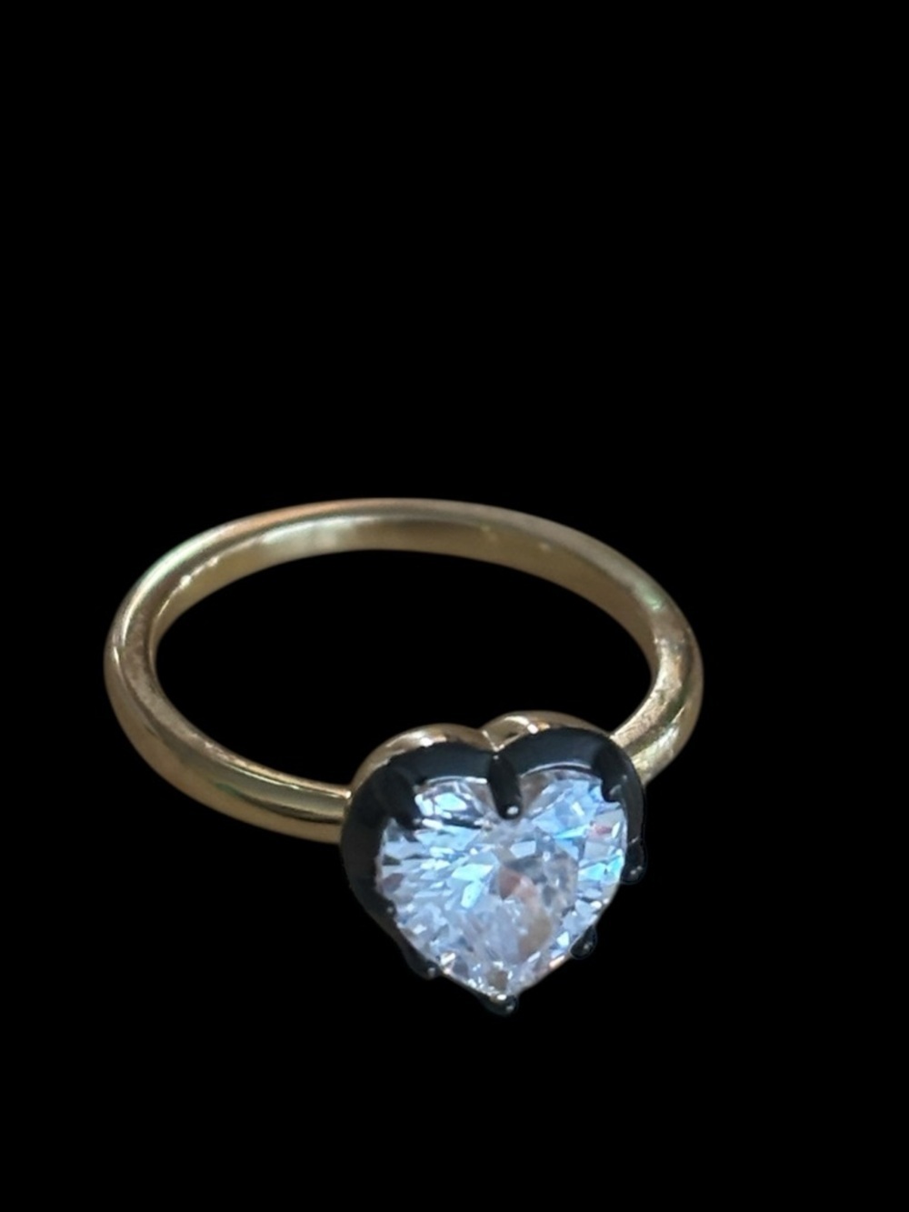 Vintage Gold Ring with Clear Heart Stone and Black Prongs